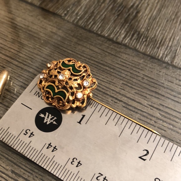 Vintage FLORENZA Stick Pin brooch Green Enamel & Rhinestones - Picture 8 of 16